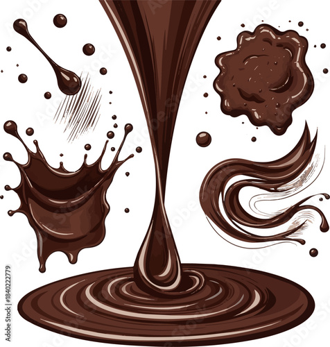 Create a kinds of deferent realistic Rich dark chocolate sauce pours and pools, creating a delicious texture image is perfectly culinary designs.. vector art with white background.