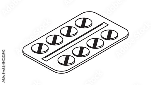 Simple line drawing illustration of a blister pack containing eight round pills or tablets