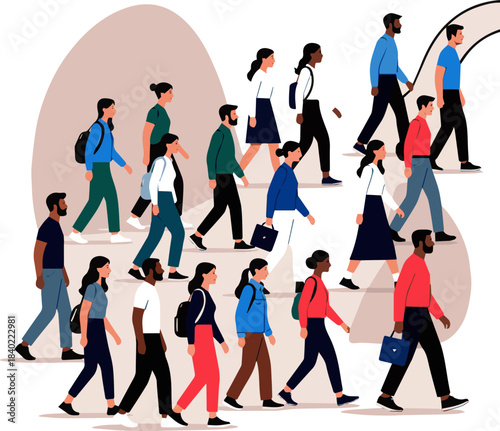 Create a kinds of diverse group of people walking vector art with background.