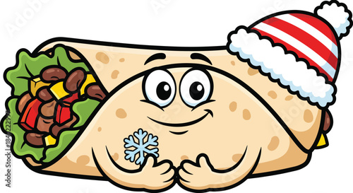 Cute cartoon burrito character wearing a festive santa hat holding a snowflake symbolizing winter holidays and mexican food fun