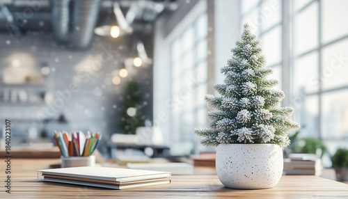 Small festive Christmas tree on a vacant office desk with stationery, symbolizing a quiet and forgotten holiday mood