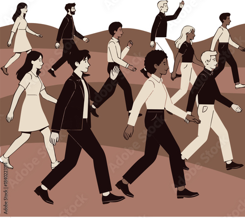 Create a kinds of diverse group of people walking vector art with background.