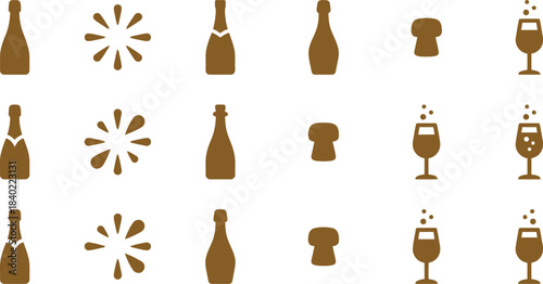 Collection of stylized golden brown champagne bottles corks and glasses with bubbles for celebrations and festive occasions