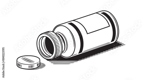 Hand drawn sketch of an open pill bottle with a single tablet lying beside it