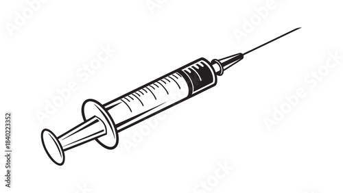 Medical syringe with needle illustration in a simple black and white drawing style