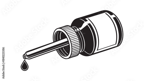 Vintage illustration of a small glass bottle with a dropper dispensing a single drop of liquid