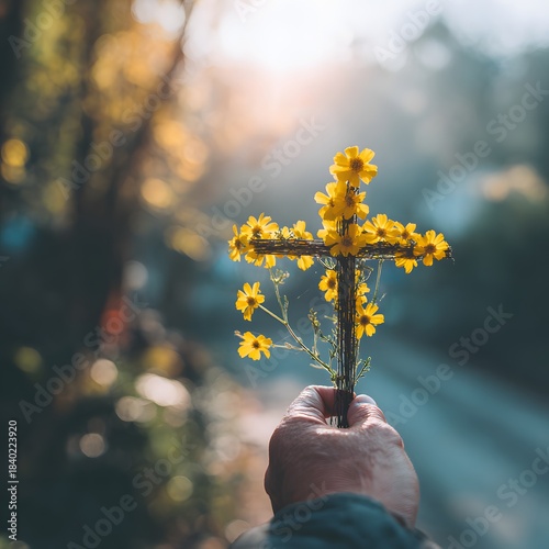Hand holding small yellow flower cross against blurred natural bokeh background