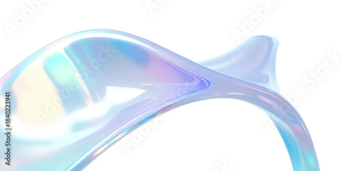 White light abstract 3D background with iridescent fluid glass wave. Prism-inspired transparent curves featuring smooth transitions, rainbow light flares, bright glow holographic, neon futuristic