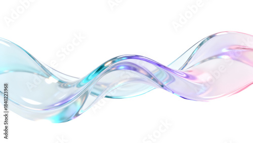 White light abstract 3D background with iridescent fluid glass wave. Prism-inspired transparent curves featuring smooth transitions, rainbow light flares, bright glow holographic, neon futuristic