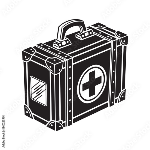 Vintage first aid kit with red cross symbol on a white background illustration