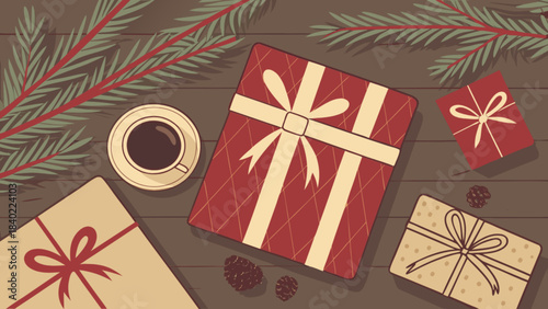 Cozy Holiday Gifts and Coffee: An overhead shot captures a warm, inviting scene of festive wrapped gifts, and a steaming cup of coffee surrounded by holiday sprigs, perfect for seasonal designs.