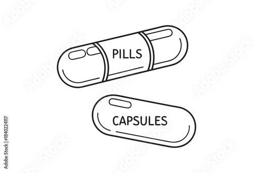Two hand drawn medical capsules one labeled pills and the other labeled capsules