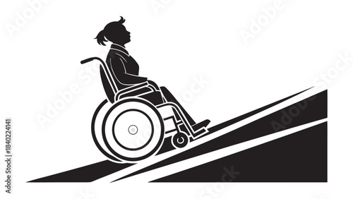 Silhouette of a person in a wheelchair ascending a steep ramp symbolizing overcoming challenges and accessibility
