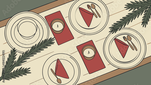 Festive Dining Setting: An overhead view captures a beautifully arranged table prepared for a special occasion, showcasing plates, napkins, candles, and silverware.