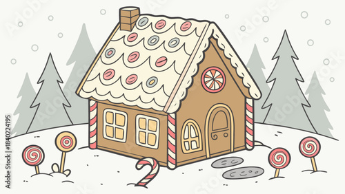 Gingerbread House Christmas Delight: A whimsical gingerbread house, adorned with colorful candies and icing, stands amid a snowy landscape, evoking the warmth and cheer of the holiday season.