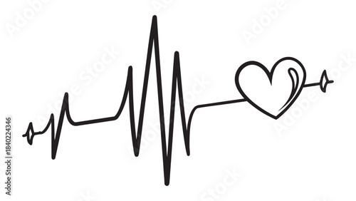 Continuous line drawing of a heartbeat pulse line transforming into a heart shape