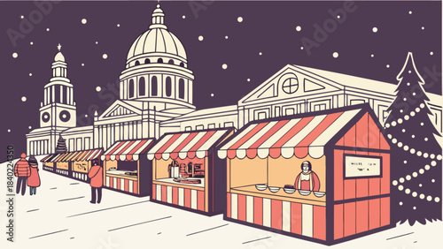 Christmas Market Delight: A charming winter scene unfolds as a bustling christmas market sets up shop in front of an iconic building, spreading warmth and holiday cheer in the snow. 