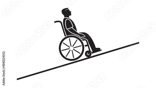 Silhouette of a person in a wheelchair ascending a steep inclined ramp representing accessibility challenges