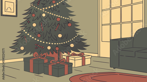 Holiday cheer indoor: A festive Christmas tree, adorned with twinkling lights and colorful ornaments, stands proudly in a warmly lit living room, surrounded by wrapped gifts.