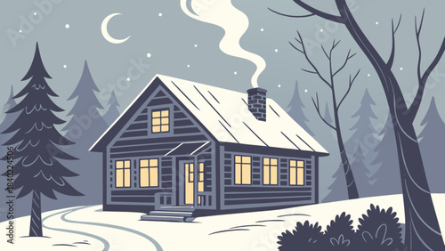 Cozy Winter Cabin in the Wilderness: A charming cabin nestled in a snowy forest, its windows glowing warmly against the twilight backdrop, inviting tranquility and the promise of a peaceful escape.