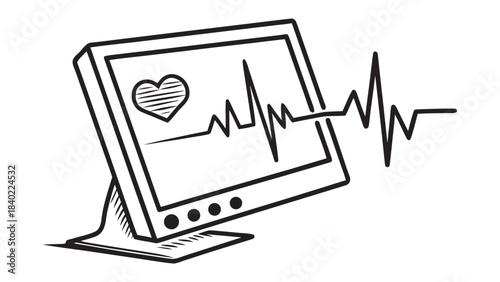 Hand drawn sketch of a medical monitor displaying a heartbeat and electrocardiogram line