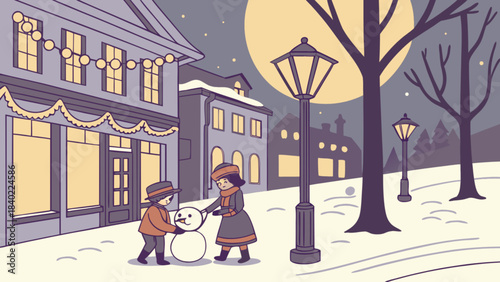 Winter's Embrace: A charming illustration captures the magic of winter as two children joyfully build a snowman, embraced by the calm glow of the full moon and twinkling lights of a town.