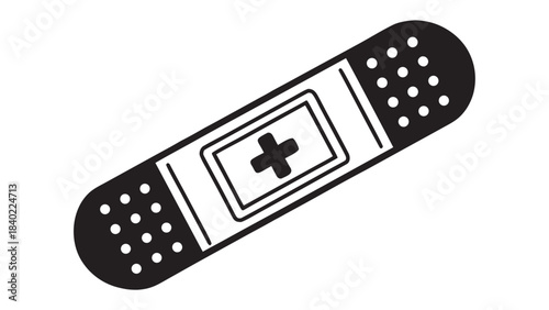 Simple black and white illustration of a bandage with a medical cross symbol