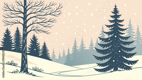 Winter Wonderland Illustration: An illustrative portrayal of a serene winter landscape, featuring snow-covered trees and a peaceful atmosphere.