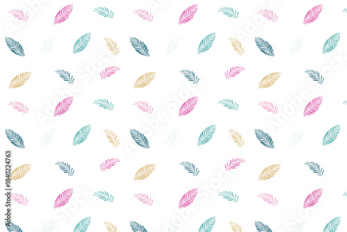 A delicate seamless pattern featuring soft, pastel-colored leaves scattered across a clean white background. Ideal for spring, nature, or gentle design projects.