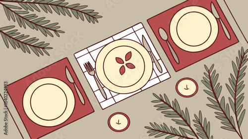 Festive Table Setting Illustration: An elegant illustration showcases a meticulously arranged table setting, adorned with plates, cutlery.
