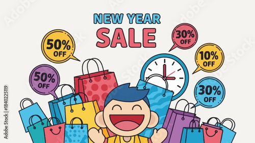 Vibrant New Year Sale Illustration Featuring Cartoon Mascot, Shopping Bags, and Festive Colors.