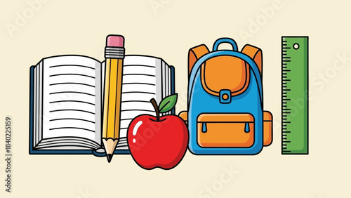 School supplies with notebook, pencil, eraser, apple, backpack and ruler on desk.