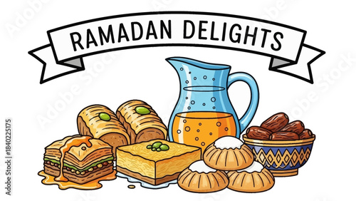 A vibrant illustration of traditional Ramadan delights including baklava, basbousa, dates, and a pitcher of juice, under a banner.