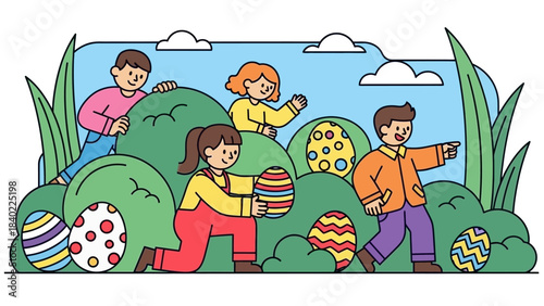 Whimsical outdoor scene with children playing among oversized fruits and balls in a sunny park.