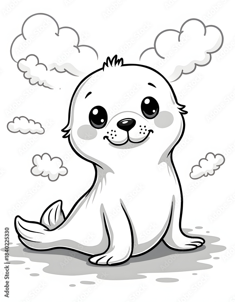 Obraz premium Cute cartoon seal pup with fluffy clouds, black and white illustration