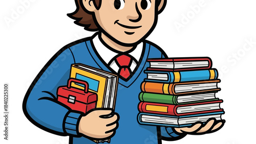 A cartoon illustration of a smiling boy in a blue sweater and red tie, holding a large stack of colorful books and a smaller book with a red briefcase.