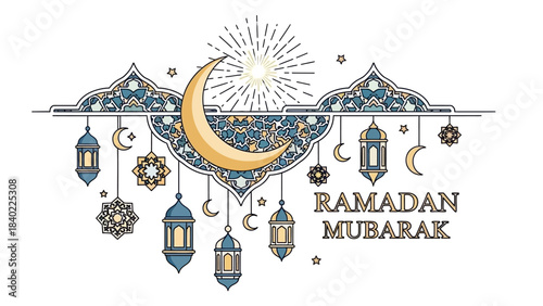 Ramadan Mubarak decorative banner with golden crescent moon, lanterns, and intricate Islamic patterns.