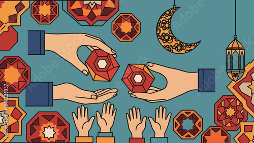 Islamic charity and giving depicted with hands exchanging gifts, surrounded by geometric patterns, a crescent moon, and lanterns.