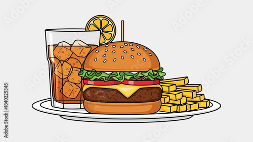 Colorful fast food meal featuring a juicy cheeseburger, fries, and a cold soda on a plate.