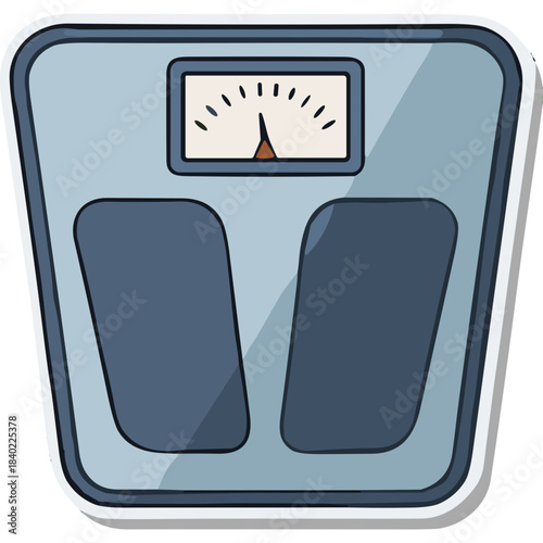 Simple Flat Design Illustration of a Blue and Gray Bathroom Scale with a Dial Showing Weight Measurement on a White Background