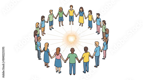 A diverse group of people holding hands in a circle around a glowing heart, symbolizing unity, love, and community.