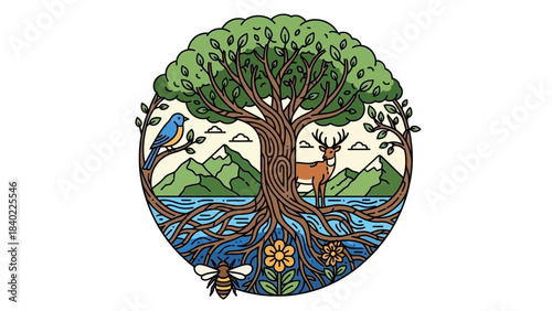 A vibrant circular illustration depicting a tree of life with roots in water, surrounded by a deer, bird, bee, flower, and mountains, symbolizing nature's interconnectedness.