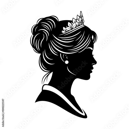 Elegant black silhouette of a woman's profile wearing a tiara and an elaborate updo hairstyle, with a pearl earring.