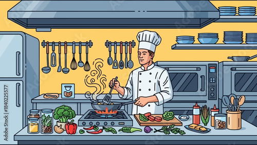 A professional chef in a white uniform and hat is actively cooking a meal in a well-equipped commercial kitchen, surrounded by fresh ingredients and various cooking utensils.