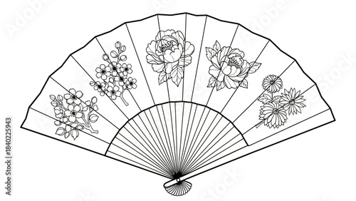 Elegant Hand Fan with Floral Illustrations.