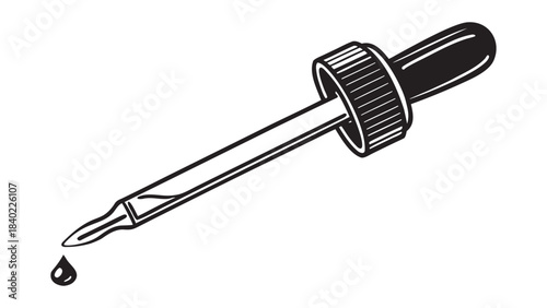 Hand drawn illustration of a glass dropper with a single drop of liquid falling from its tip