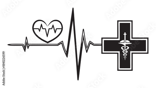 Medical heartbeat electrocardiogram line with caduceus symbol and heart icon