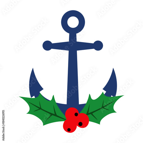 Logo nautical. Silueta de ancla de barco con hojas y bayas de acebo para tarjetas y felicitaciones de Navidad