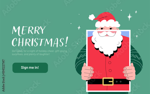 Secret Santa Landing Page Concept. Playful Christmas illustration in modern Vector flat-style for seasonal party or event. A person hiding behind a Santa Claus poster. Merry Christmas