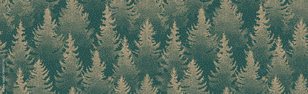Obraz premium Winter seamless pattern with golden fir trees and snowy pines. Elegant Christmas forest gold. Coniferous woodland vector design for festive wrapping paper, holiday background, ornament, seasonal decor